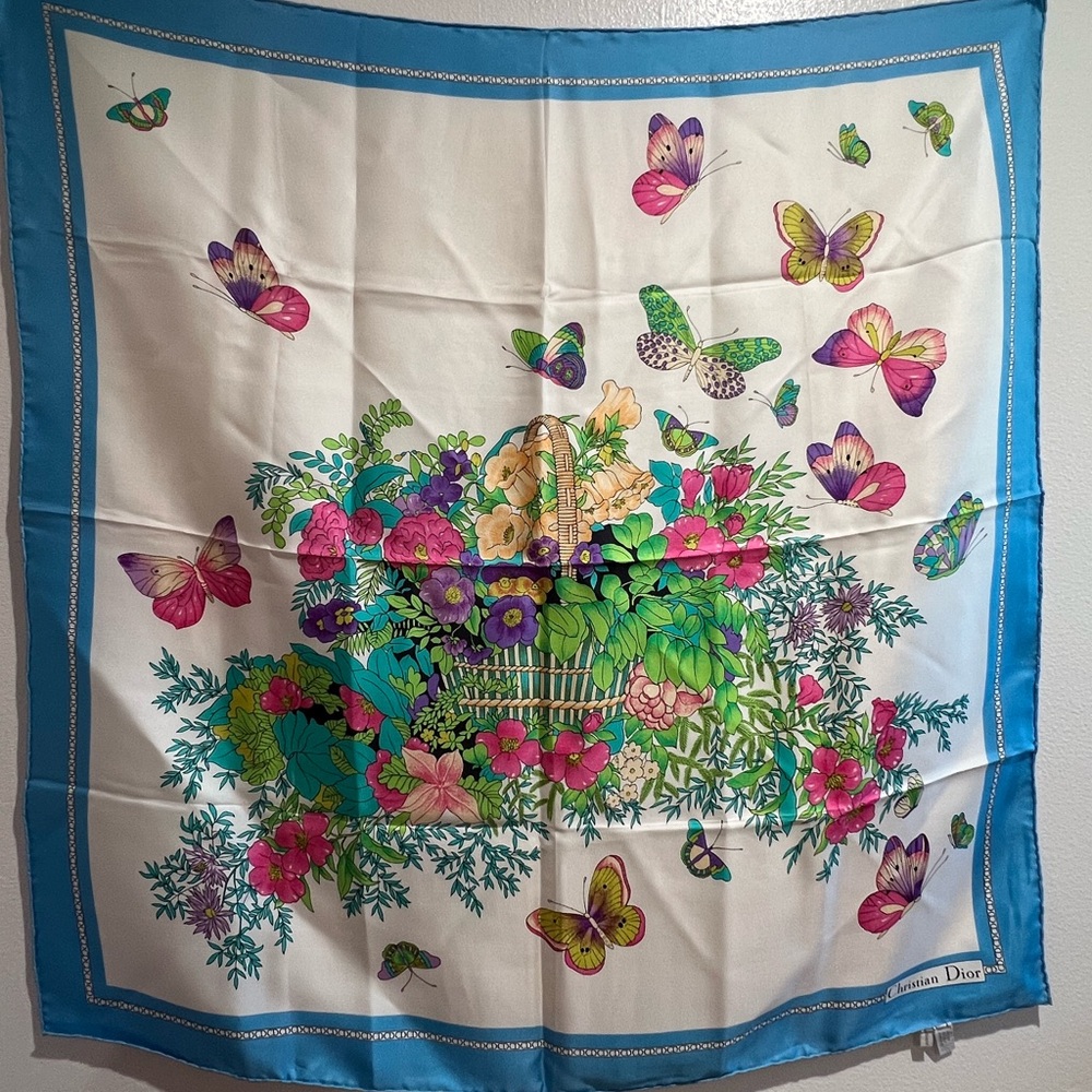 Dior Silk Scarf with Pink and Green Butterfly Design - Picture 3 of 14